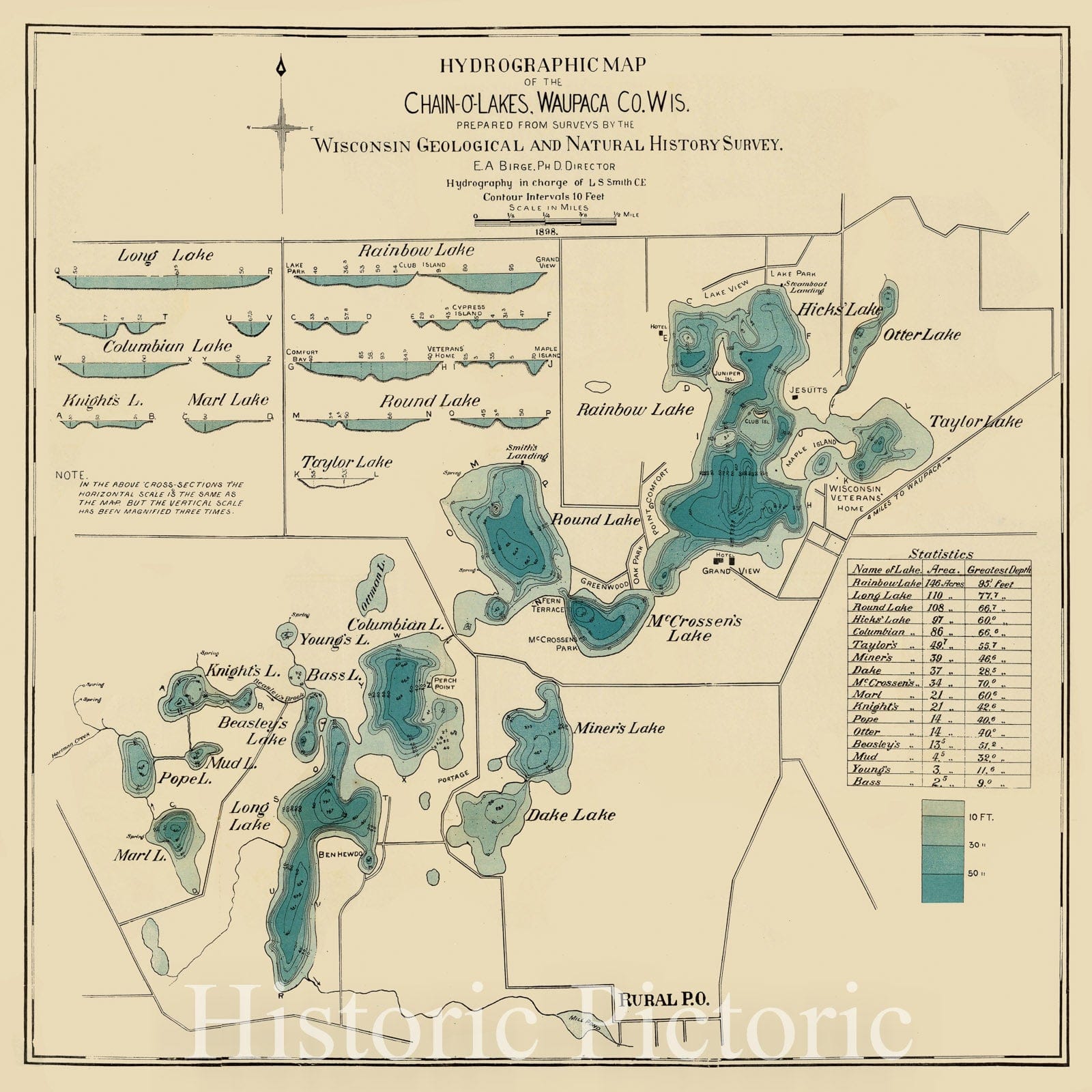 Map : Chain-O'-Lakes, Waupaca Co. Wisconsin 1899, Hydrographic map of the Chain-O'-Lakes, Waupaca Co. Wis. , Antique Vintage Reproduction