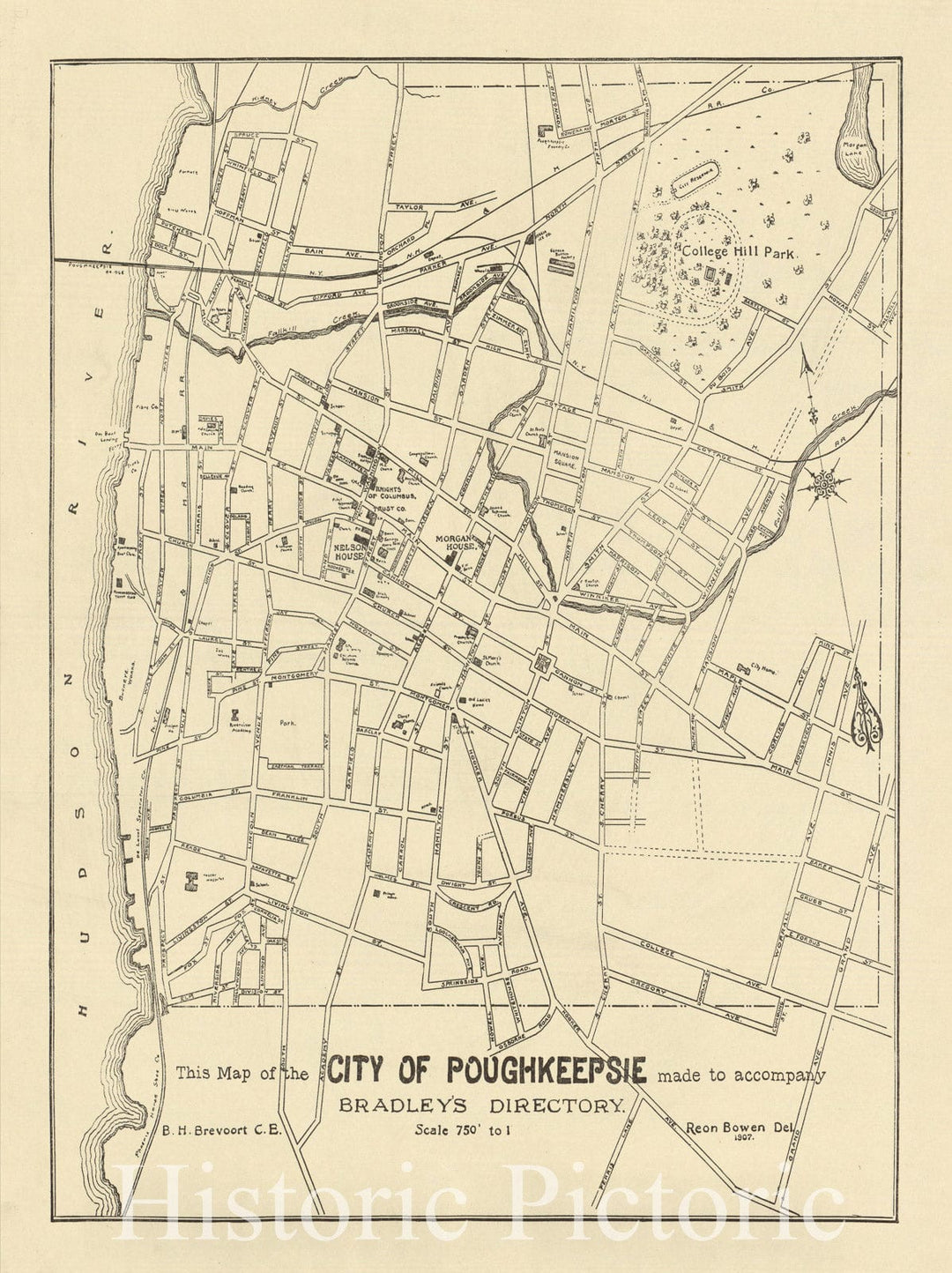 Map : Poughkeepsie, New York 1907, This map of the City of Poughkeepsie made to accompany Bradley's Directory , Antique Vintage Reproduction
