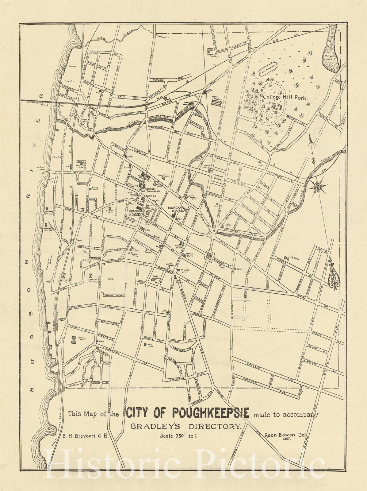 Map : Poughkeepsie, New York 1907, This map of the City of Poughkeepsie made to accompany Bradley's Directory , Antique Vintage Reproduction