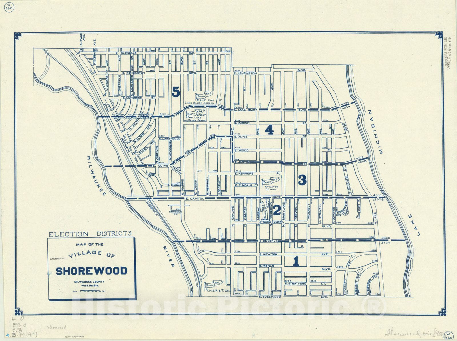 Historic Map : Shorewood, Wisconsin 1949, Map of the village of Shorewood, Milwaukee County Wisconsin. Election districts map of the village of Shorewood, Antique Vintage Reproduction