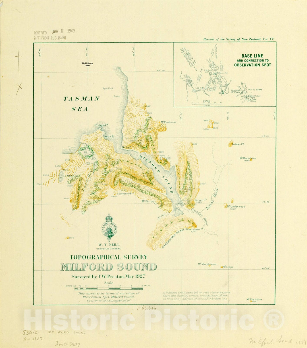 Map : Milford Sound 1927, Topographical survey, Milford Sound , Antique Vintage Reproduction