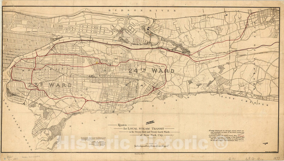 Map : New York City, New York 1877, Routes for local steam transit in the Twenty-third and Twenty-forth Wards of New York City , Antique Vintage Reproduction