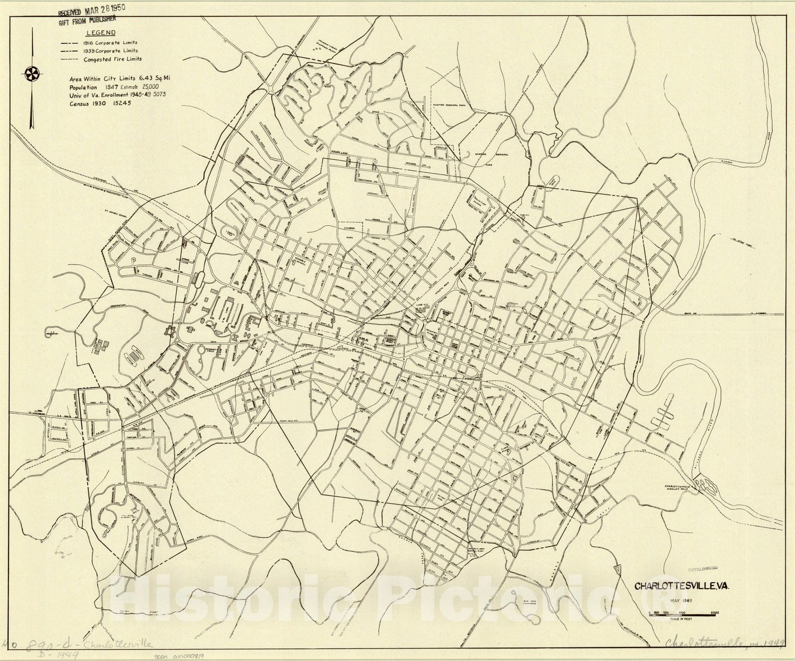 Map : Charlottesville, Virginia 1949, Charlottesville, Va., Antique Vintage Reproduction