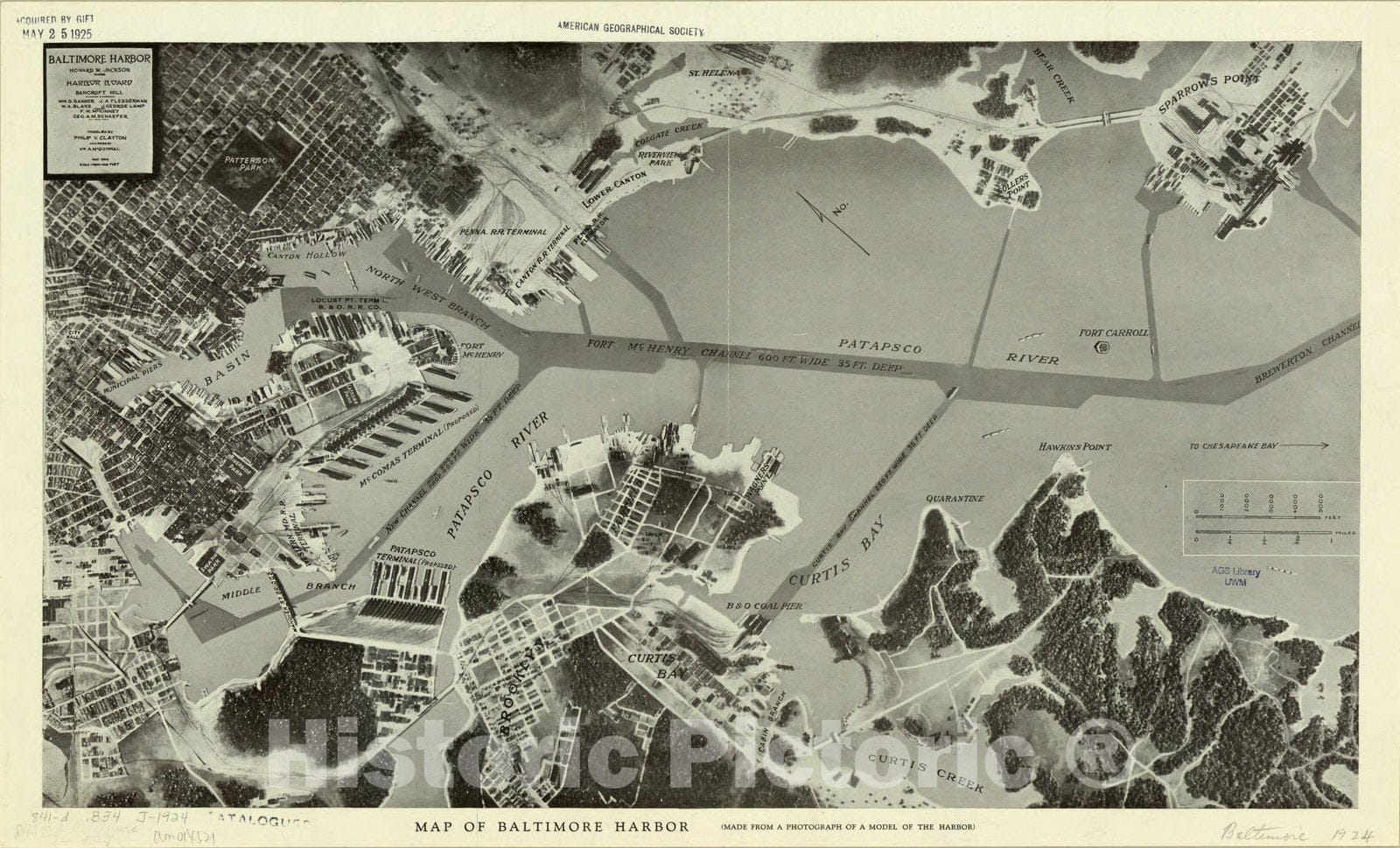 Map : Baltimore, Maryland 1924, Map of Baltimore harbor (made from a photograph of a model of the harbor) , Antique Vintage Reproduction