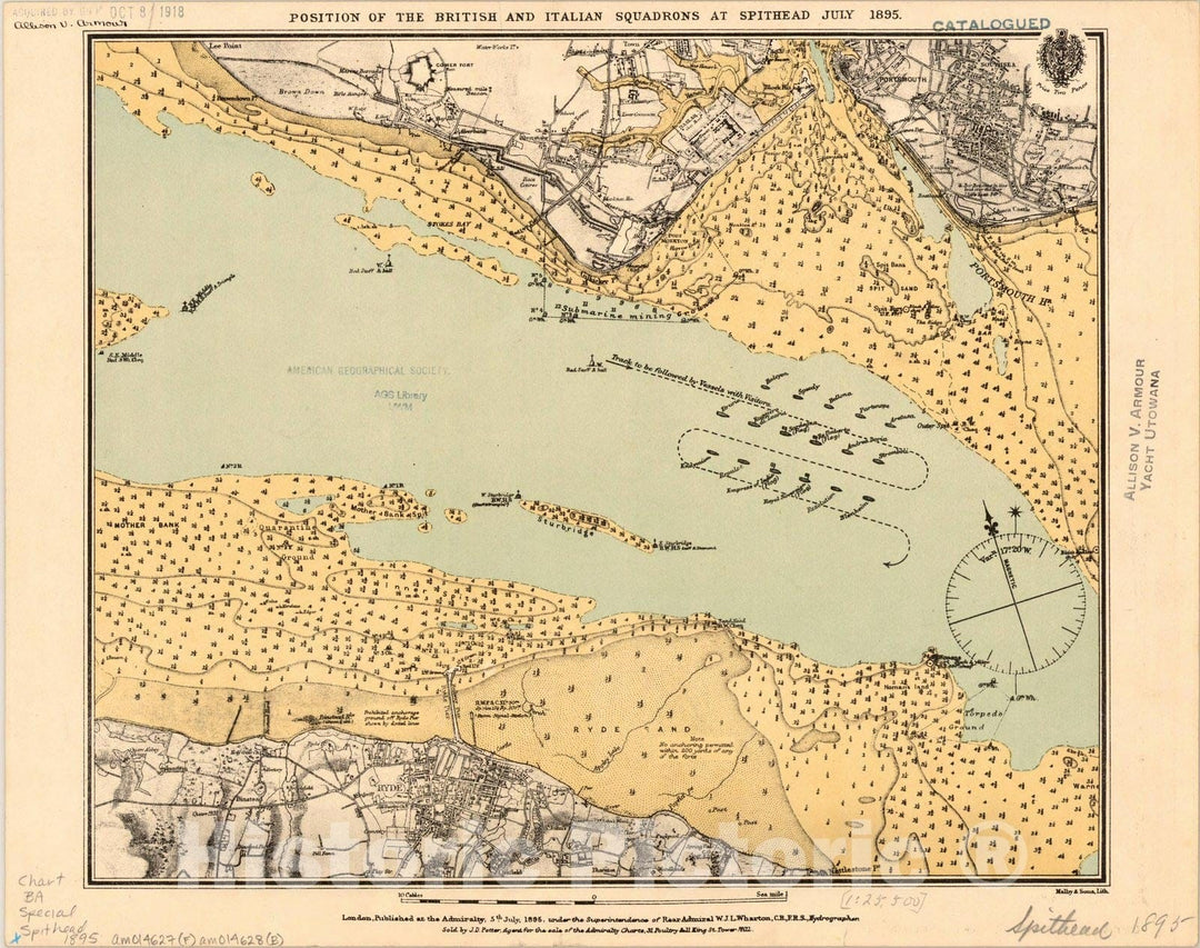 Map : Spithead Channel, England 1895 2, Position of the British and It ...