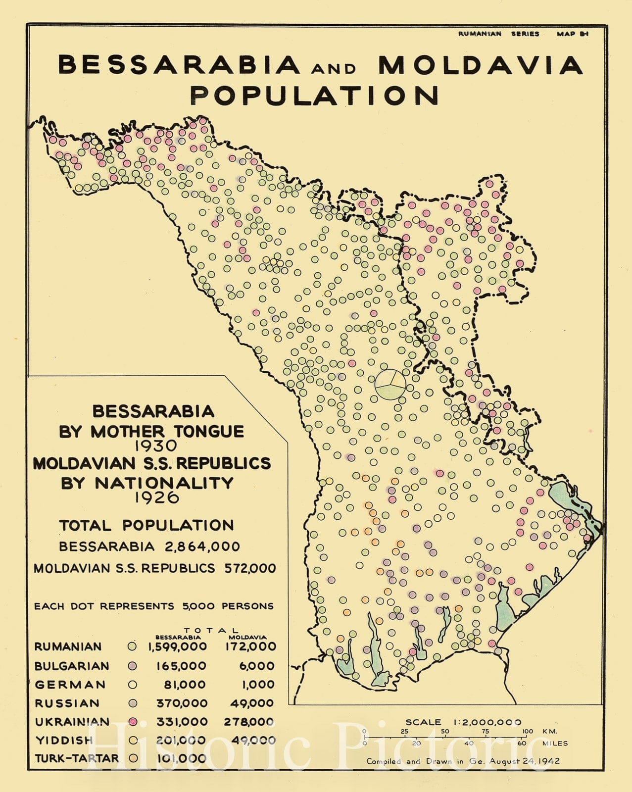 Map : Moldova 1942, Bessarabia and Moldavia population , Antique Vintage Reproduction
