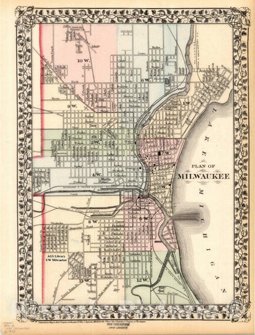 Map : Milwaukee, Wisconsin 1874, Plan of Milwaukee. County and township map of the states of Michigan and Wisconsin , Antique Vintage Reproduction