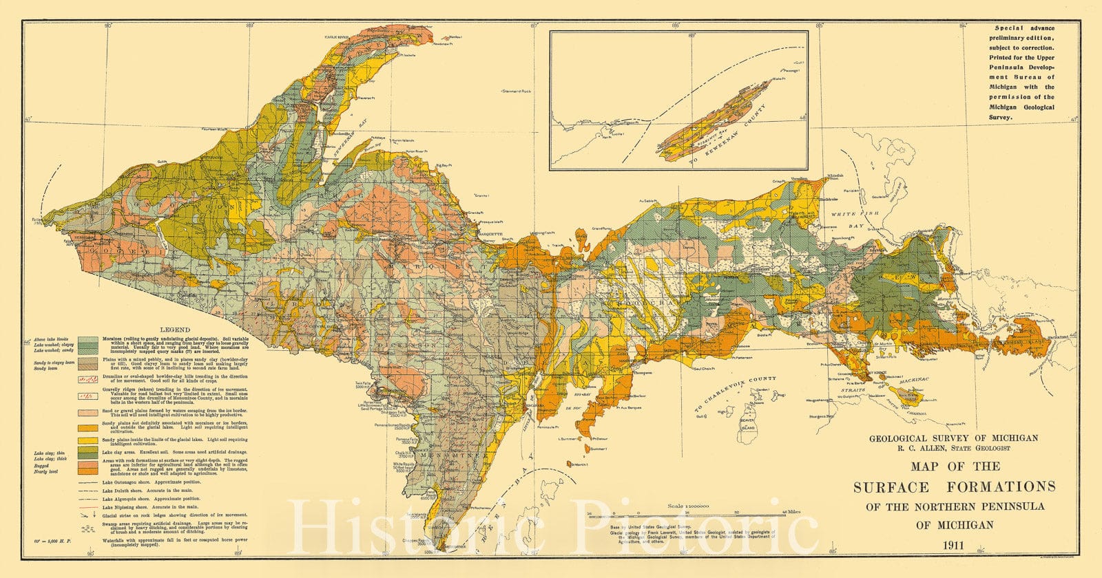 Map : Michigan, upper peninsula 1911, Map of the surface formations of the northern peninsula of Michigan , Antique Vintage Reproduction