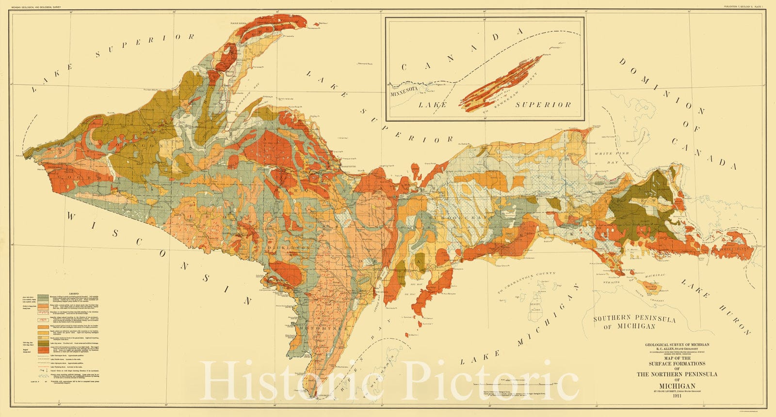 Map : Upper Peninsula Michigan 1911, Map of the surface formations of the northern peninsula of Michigan , Antique Vintage Reproduction