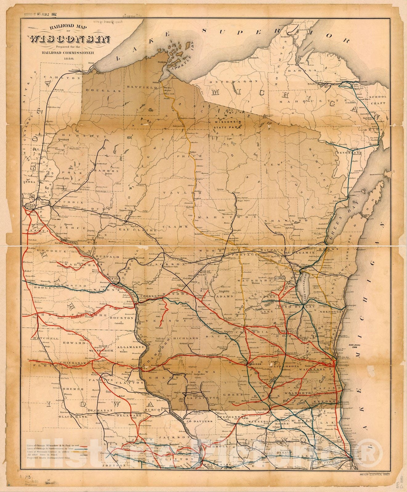 Map : Wisconsin 1880, Railroad map of Wisconsin , Antique Vintage Repr ...