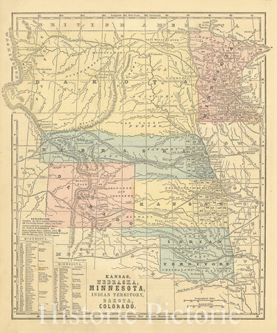 Map : United States, West and Middle West 1860, Kansas, Nebraska, Minnesota, Indian Territory, Dakota, Colorado, Antique Vintage Reproduction