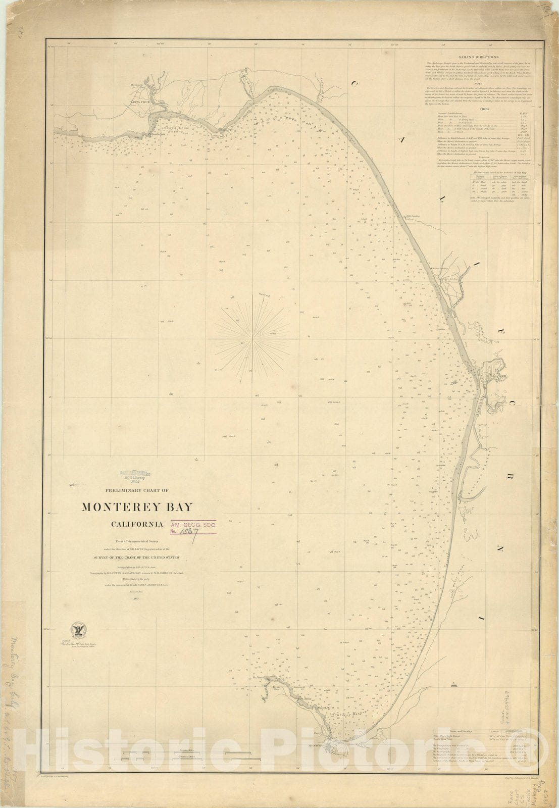 Map : Monterey Bay, California 1857, Preliminary chart of Monterey Bay, California , Antique Vintage Reproduction