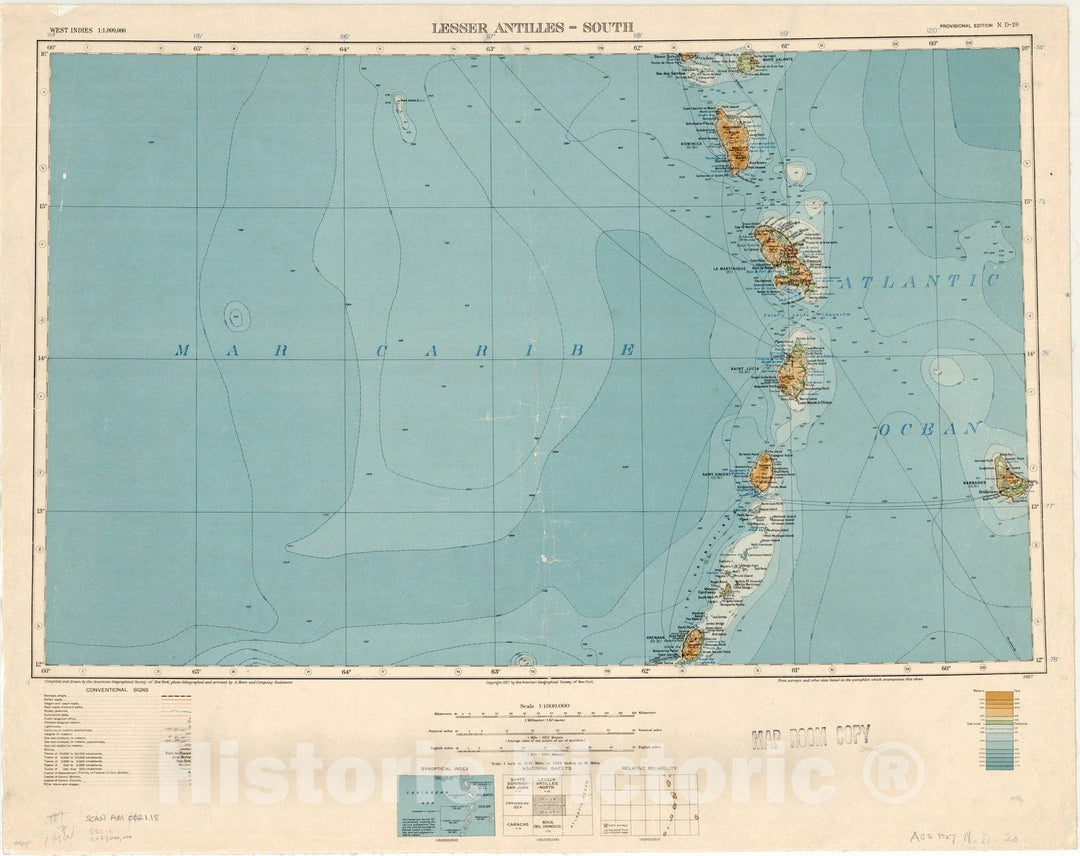 Map : Lesser Antilles-South 1927, Map of Hispanic America, Antique Vintage Reproduction