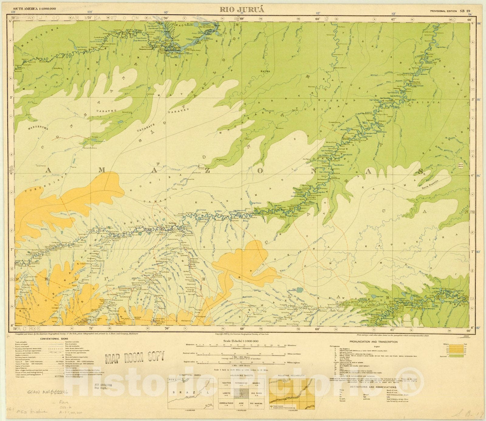 Map : Rio Jurua, Brazil 1930, Map of Hispanic America, Antique Vintage Reproduction