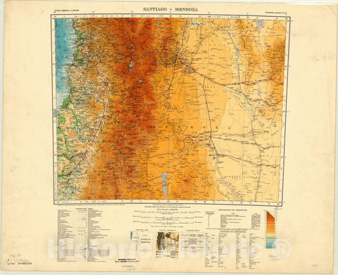 Map : Santiago-Mendoza, Chile and Argentina 1949, Map of Hispanic America, Antique Vintage Reproduction