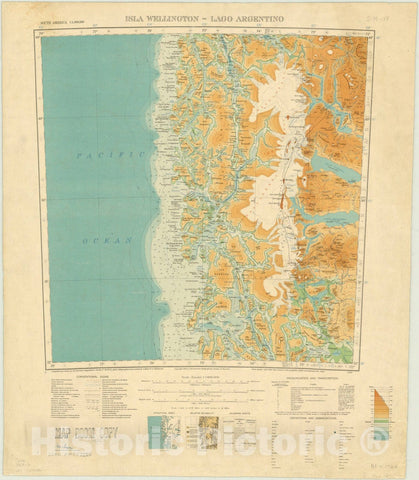 Map : Isla Wellington-Lago Argentino, Chile, Argentina 1928, Map of Hispanic America, Antique Vintage Reproduction