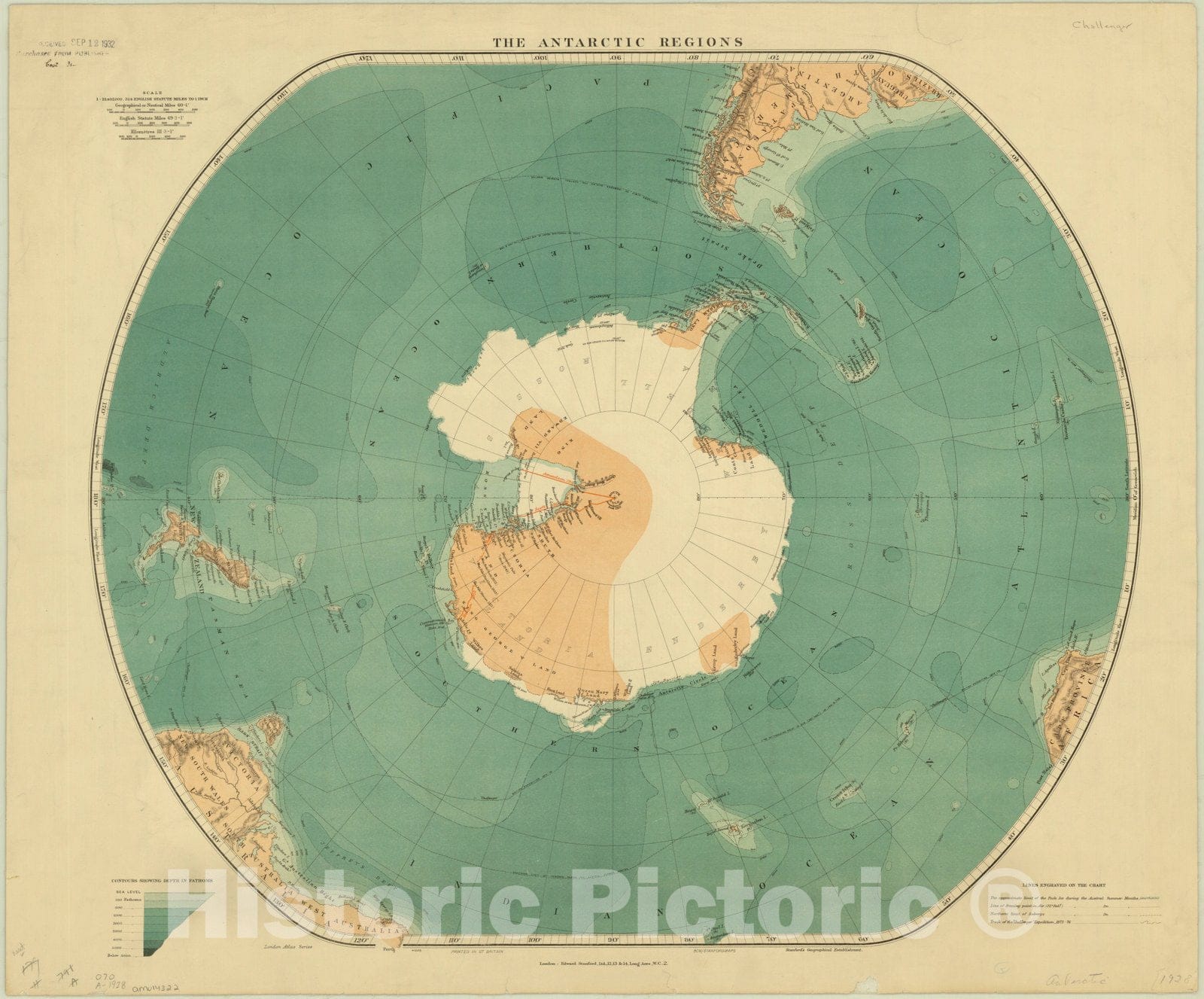 Map : Antarctica 1928, The Antarctic Regions, Antique Vintage Reproduction