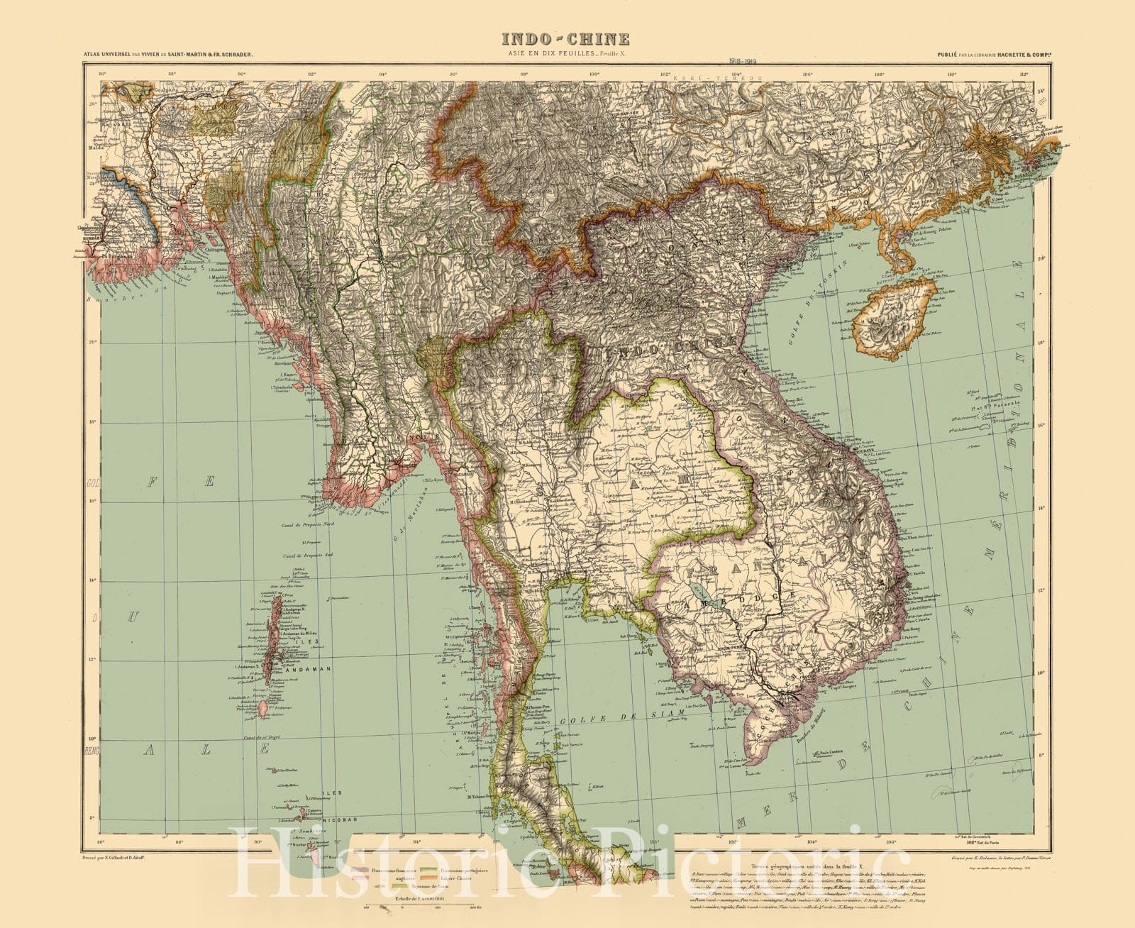 Map : Indochina 1911, Indo-Chine , Antique Vintage Reproduction