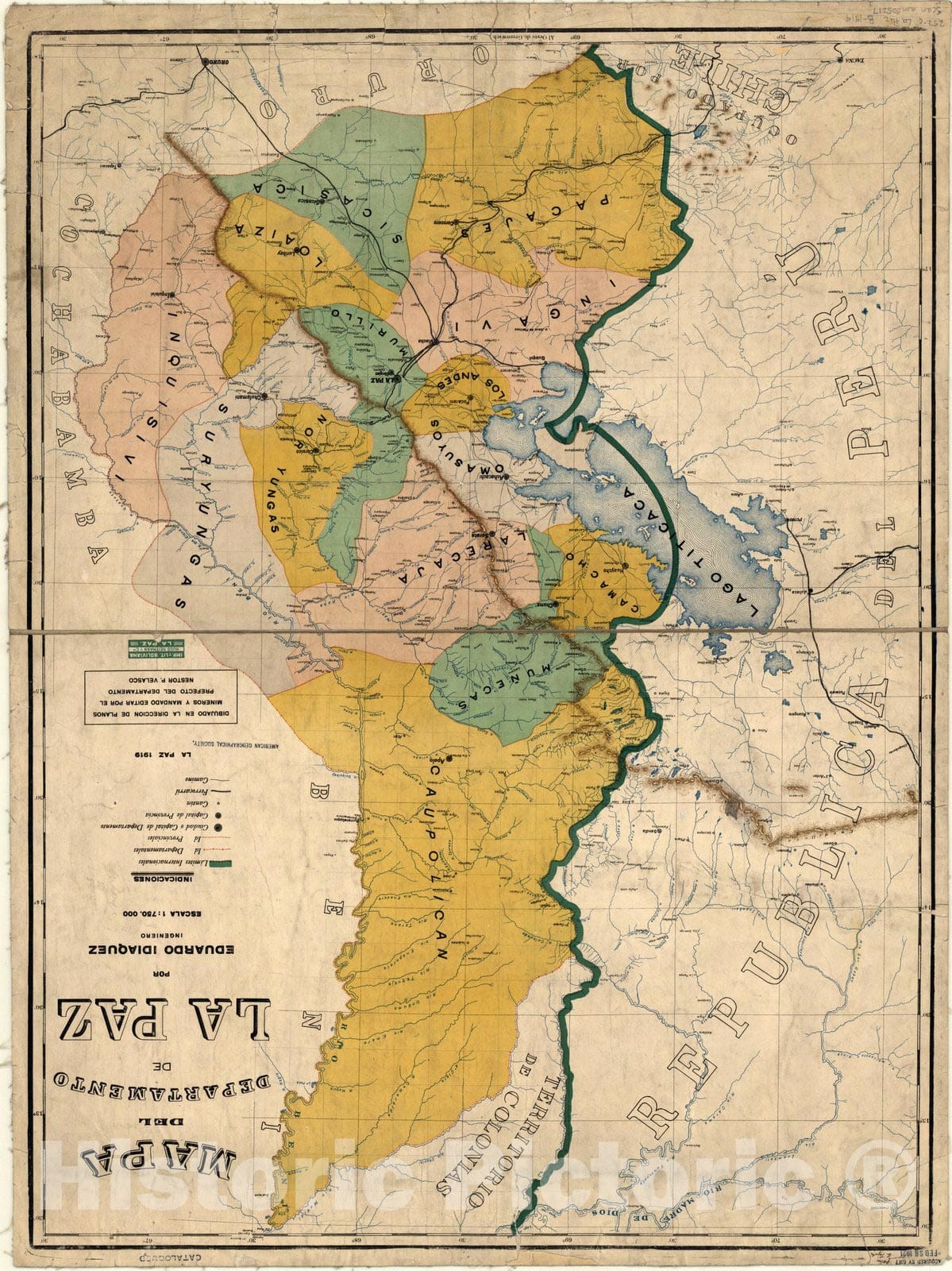 Map : La Paz, Bolivia 1919, Mapa del Departamento de La Paz , Antique Vintage Reproduction