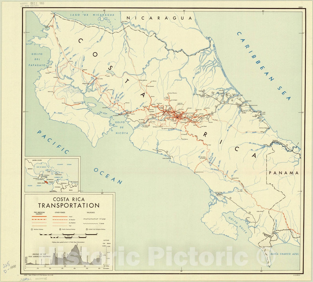 Map : Costa Rica 1949, Costa Rica transportation, Antique Vintage Reproduction