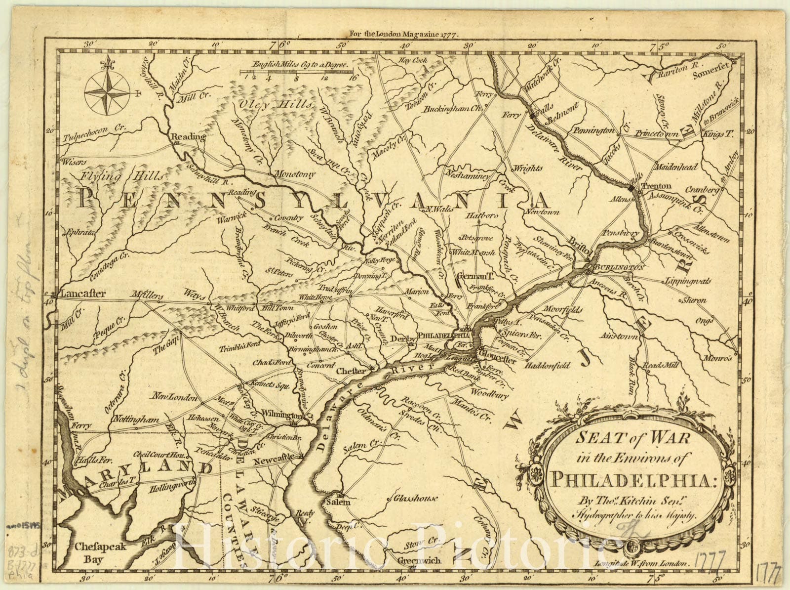 Map : Philadelphia, Pennsylvania 1777, Seat of war in the environs of Philadelphia: By Thos. Kitchin, Senr, Antique Vintage Reproduction