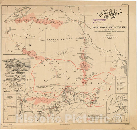 Map : Northern Arabian Peninsula 1884, Itineraires dans l'Arabie septentrionale, Surat bilad al-Arab al-shamaliyah , Antique Vintage Reproduction
