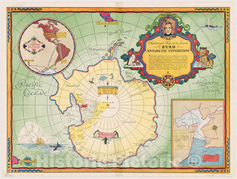 Map : Antarctica 1934, Authorized map of the Second Byrd Antarctic Expedition , Antique Vintage Reproduction