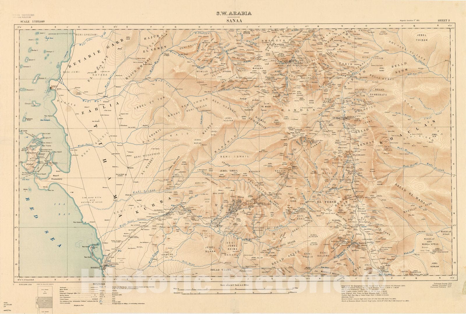 Map : Sana, Yemen 1916, S.W. Arabia : Sheet 2 Sanaa , Antique Vintage Reproduction