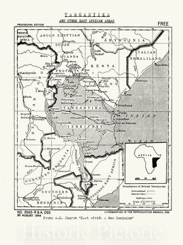 Map : Tanzania 1944, Tanganyika and other East African areas , Antique Vintage Reproduction