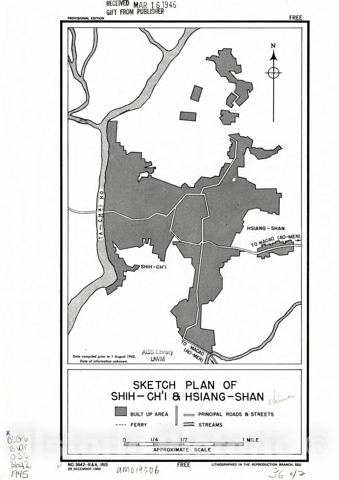 Map : China 1945, Sketch plan of Shih-ch'i & Hsiang-shan , Antique Vintage Reproduction
