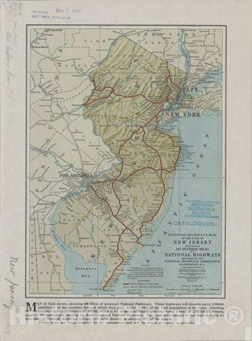 Map : New Jersey 1914, National Highways map of the State of New Jersey : showing six hundred miles of national highways , Antique Vintage Reproduction
