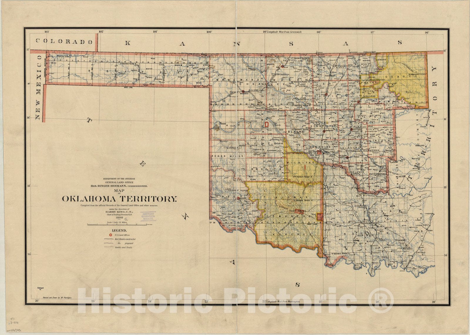 Map : Oklahoma 1898, Map of Oklahoma Territory , Antique Vintage Reproduction