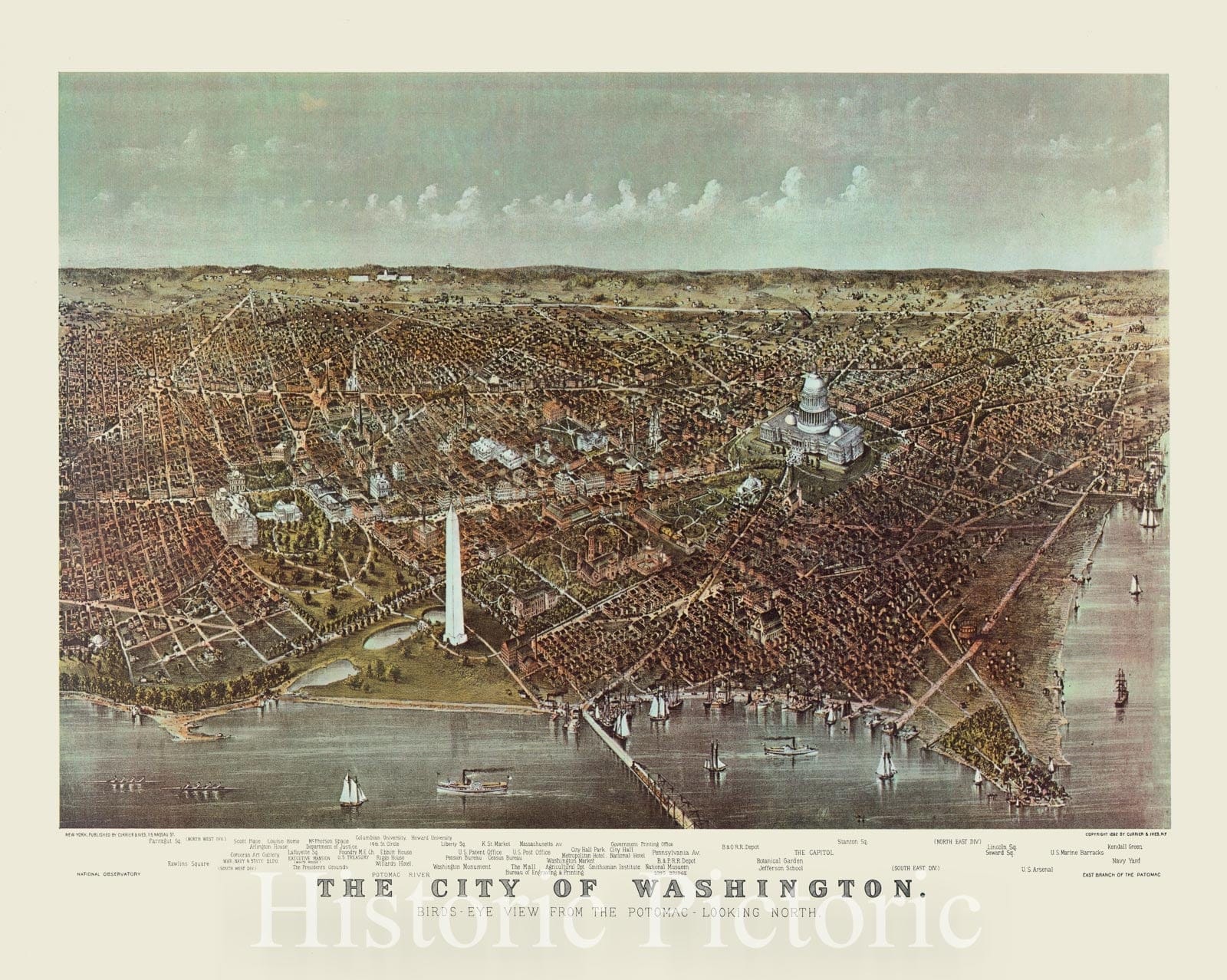Map : Washington, D.C. 1892, The city of Washington. Birds-eye view from the Potomac, looking north, Antique Vintage Reproduction