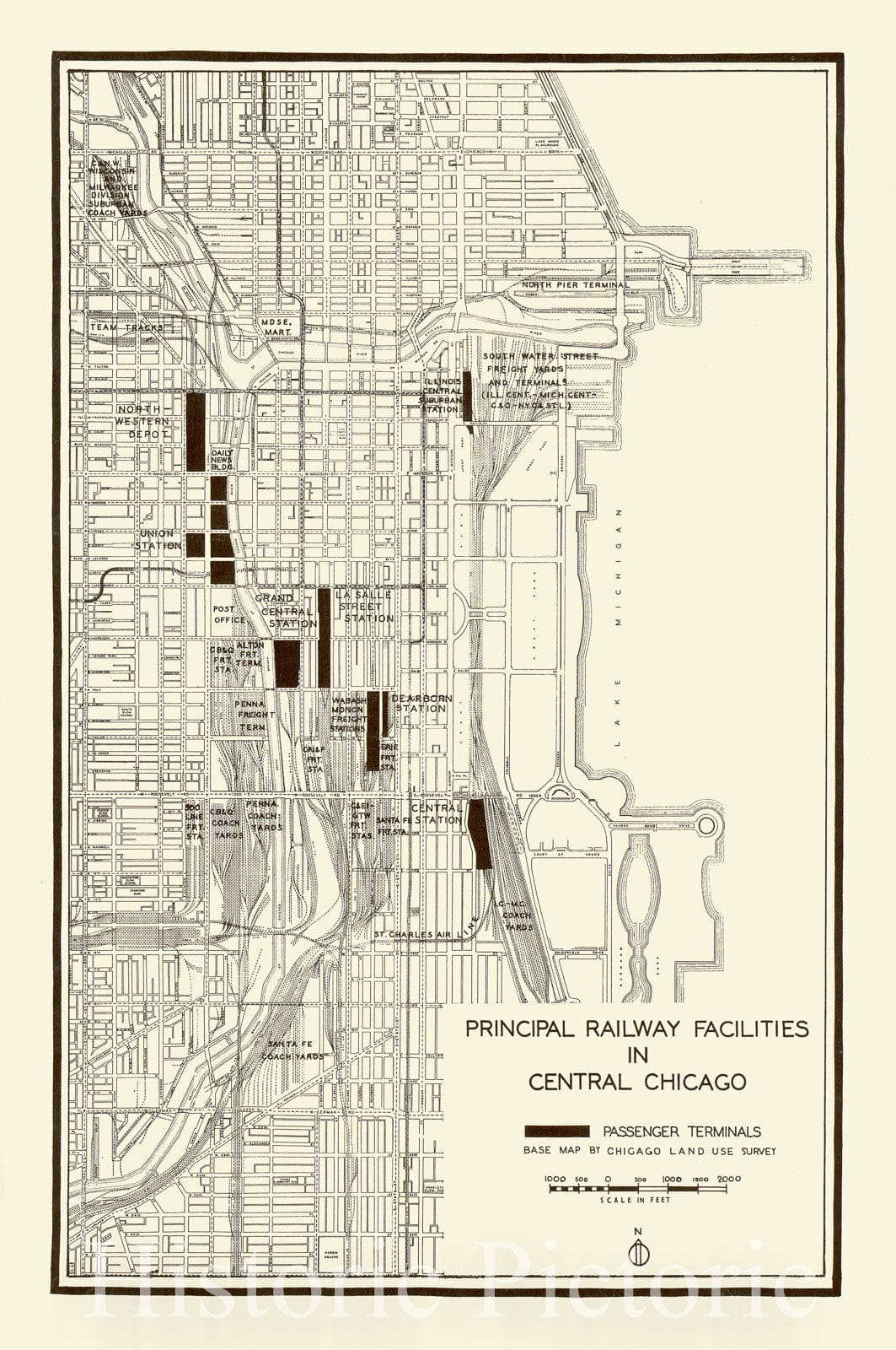 Map : Chicago, Illinois 1943, Principal railway facilities in central Chicago , Antique Vintage Reproduction