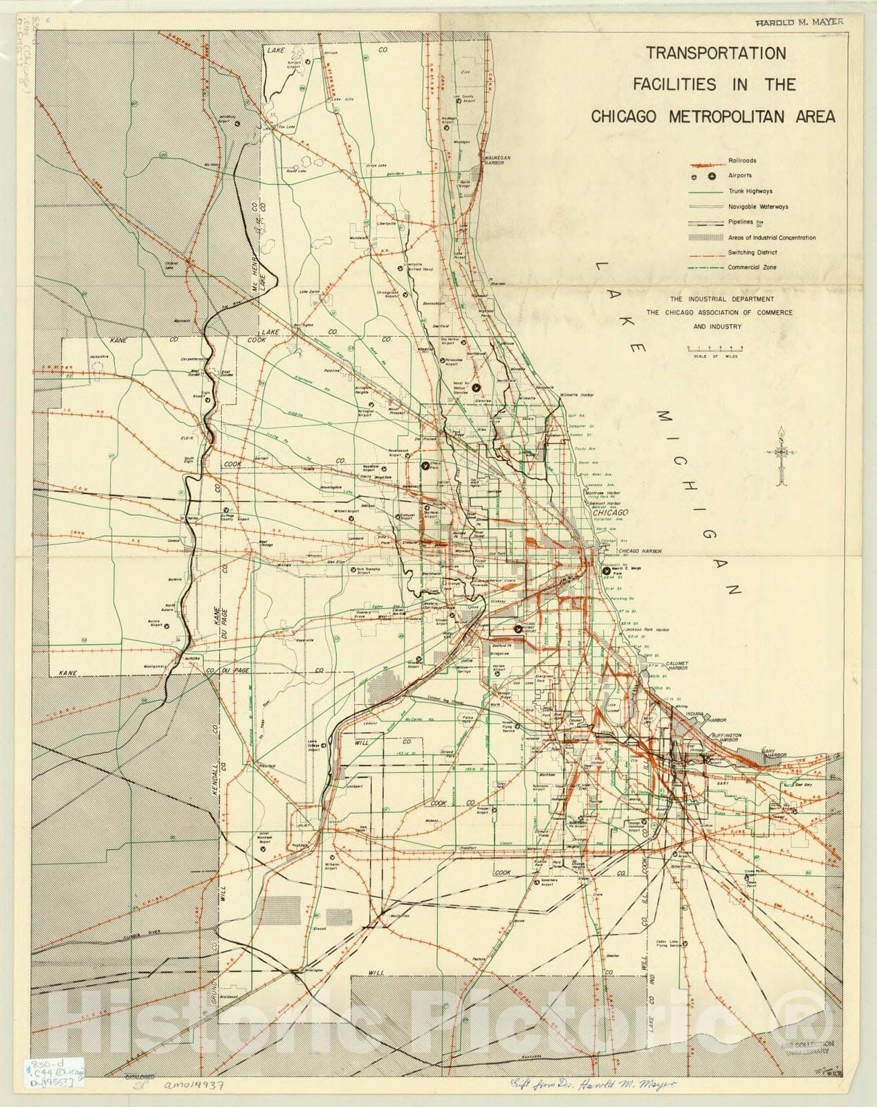 Map : Chicago, Illinois 1955, Transportation facilities in the Chicago metropolitan area , Antique Vintage Reproduction