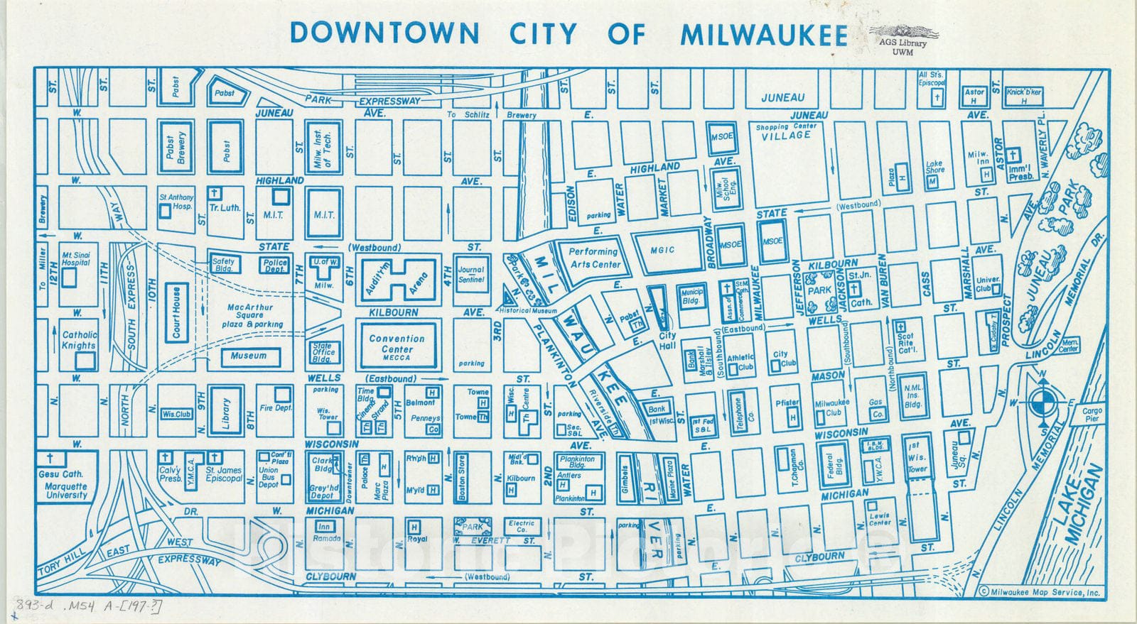 Map : Milwaukee, Wisconsin 197-?, Downtown city of Milwaukee , Antique Vintage Reproduction