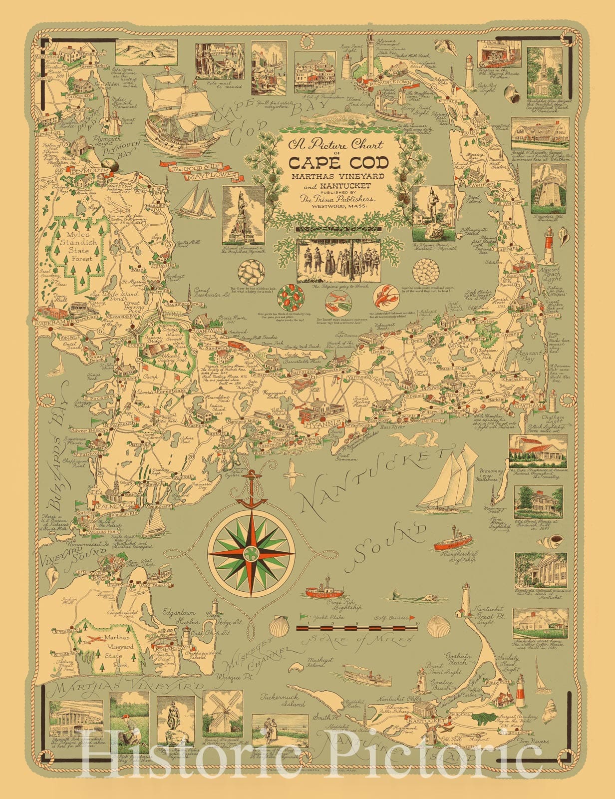 Map : Cape Cod, Mass. 1940, A picture chart of Cape Cod, Martha's Vineyard and Nantucket , Antique Vintage Reproduction