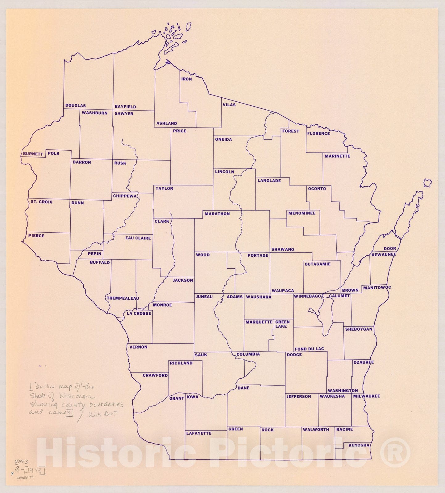 Map : Wisconsin 197-?, [Outline map of the State of Wisconsin showing county boundaries and names], Antique Vintage Reproduction