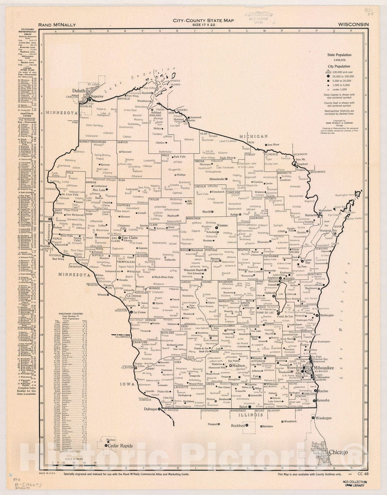 Map : Wisconsin 1950, City-county state map, size 17 x 22 : Wisconsin , Antique Vintage Reproduction