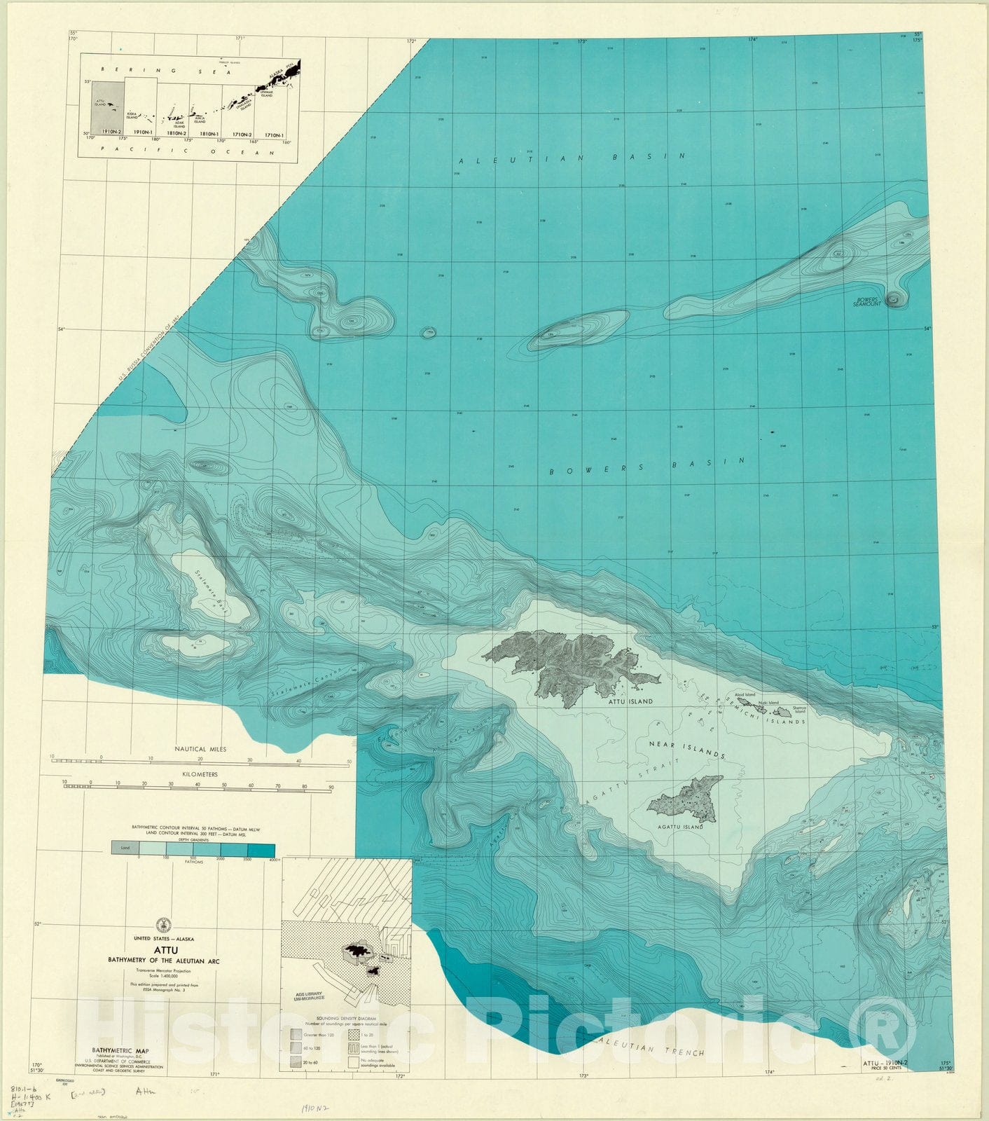Map : Aleutian Islands, Alaska 1967, Bathymetry of the Aleutian Arc, United States-Alaska , Antique Vintage Reproduction