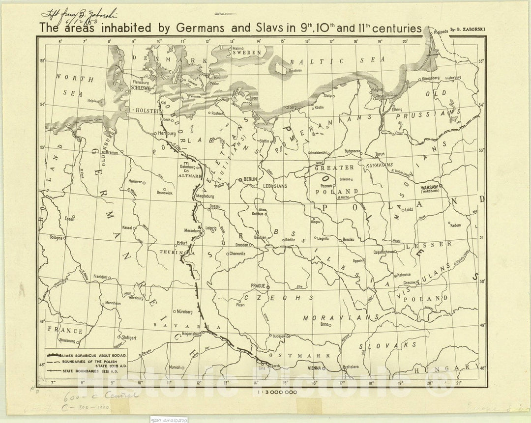 Map : Poland 1940, The Areas inhabited by Germans and Slavs in 9th, 10th and 11th centuries , Antique Vintage Reproduction