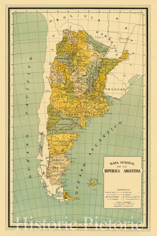 Map : Argentina 1910, Mapa general de la Republica Argentina , Antique Vintage Reproduction