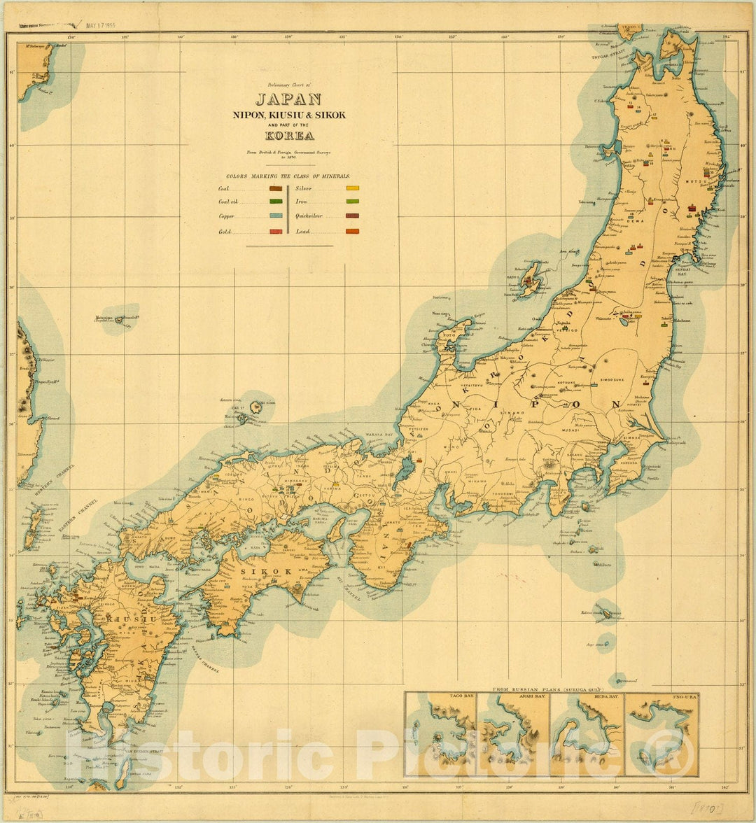 Map : Japan, Preliminary chart of Japan, Nipon, Kiusiu & Sikok and part of Korea from British and foreign government surveys to 1870, Antique Vintage Reproduction