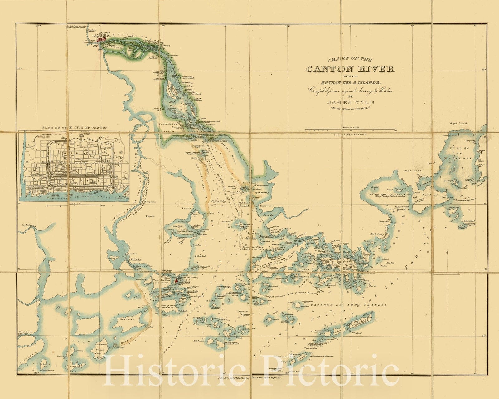 Map : Pearl River China, Chart of the Canton River with the entrances & islands , Antique Vintage Reproduction