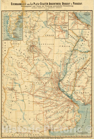 Map : La Plata (Argentina, Uruguay, Paraguay) 1905, Eisenbahnkarte der La Plata - Staaten Argentinien, Uruguay u. Paraguay , Antique Vintage Reproduction