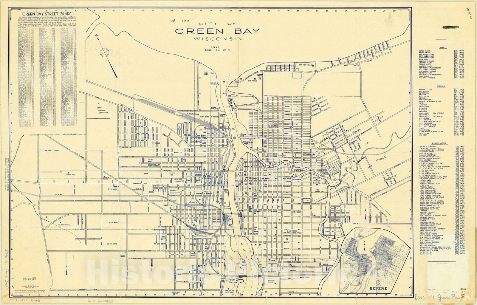 Map Green Bay, Wisconsin 1941, City of Green Bay, Wisconsin , Antiqu