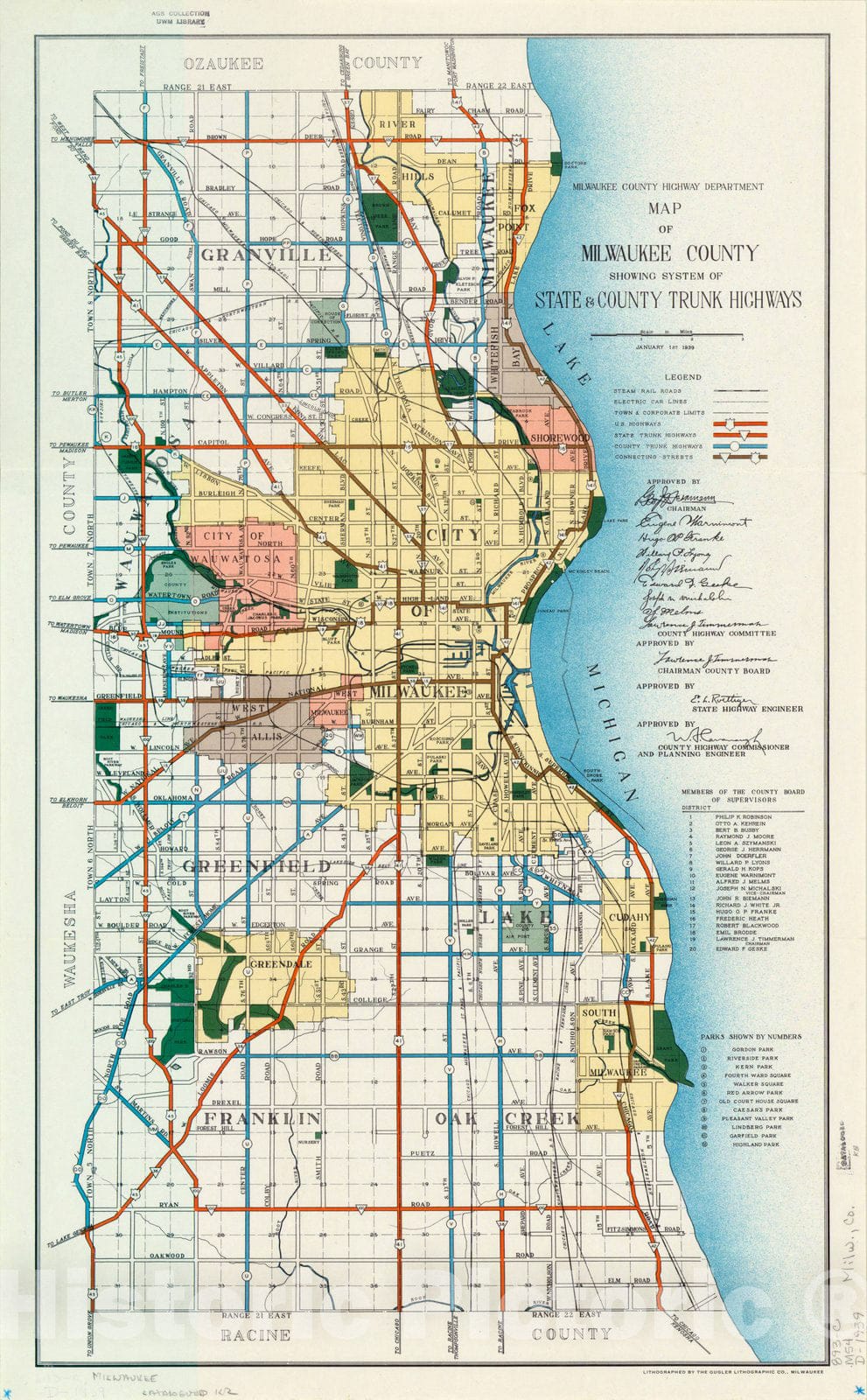 Map : Milwaukee County, Wisconsin 1939, Map of Milwaukee County showing system of state & county trunk highways , Antique Vintage Reproduction