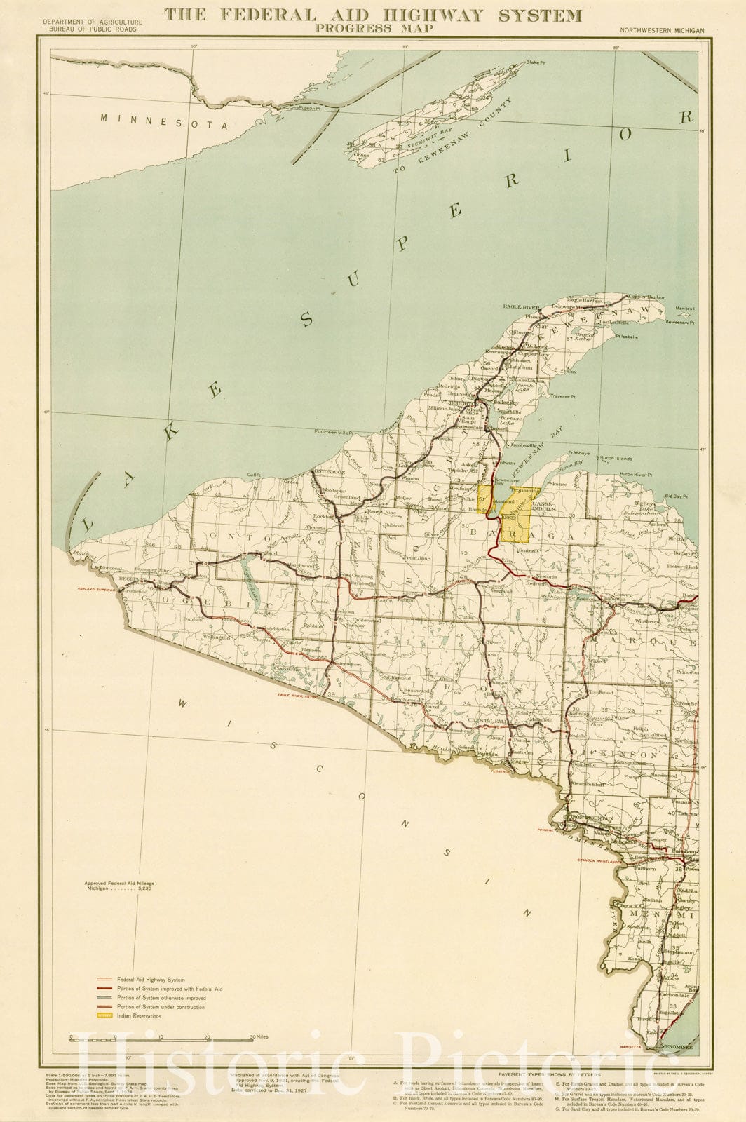 Map : Upper Peninsula, Michigan 1928, The federal aid highway system progress map, ... Michigan, Antique Vintage Reproduction
