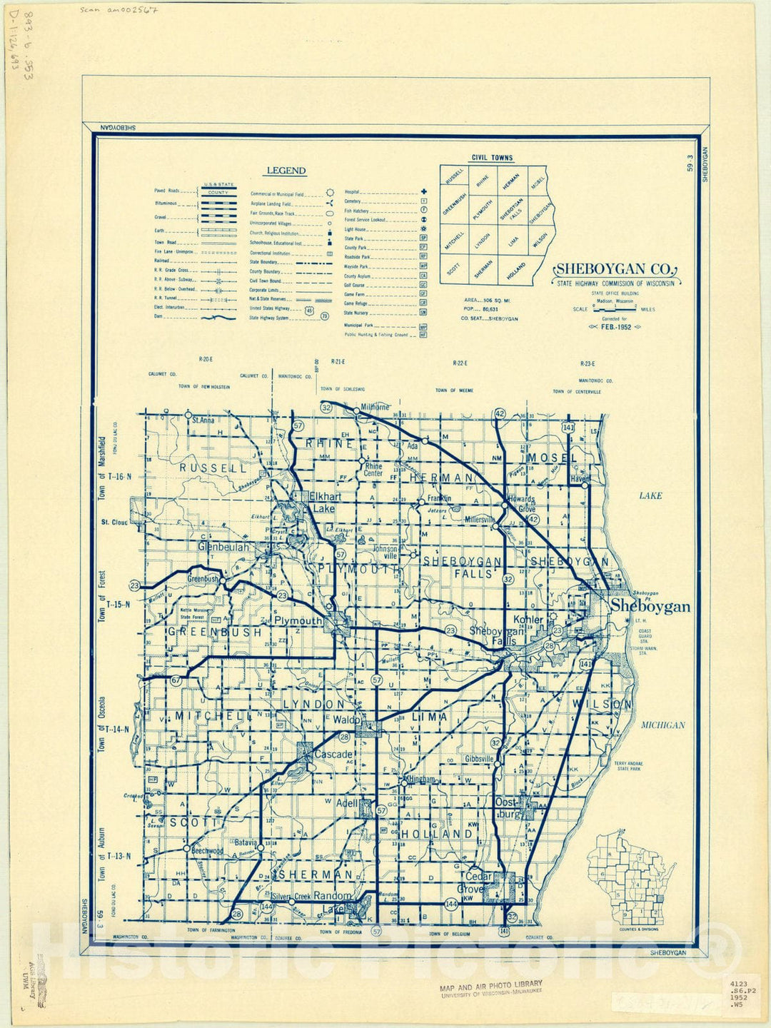 Map : Sheboygan County, Wisconsin 1952, Sheboygan Co., Antique Vintage Reproduction