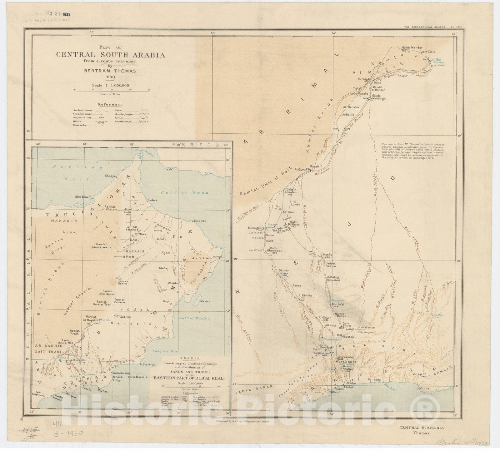 Map : Arabian Peninsula 1931, Part of central south Arabia from a route traverse by Bertram Thomas 1930 , Antique Vintage Reproduction